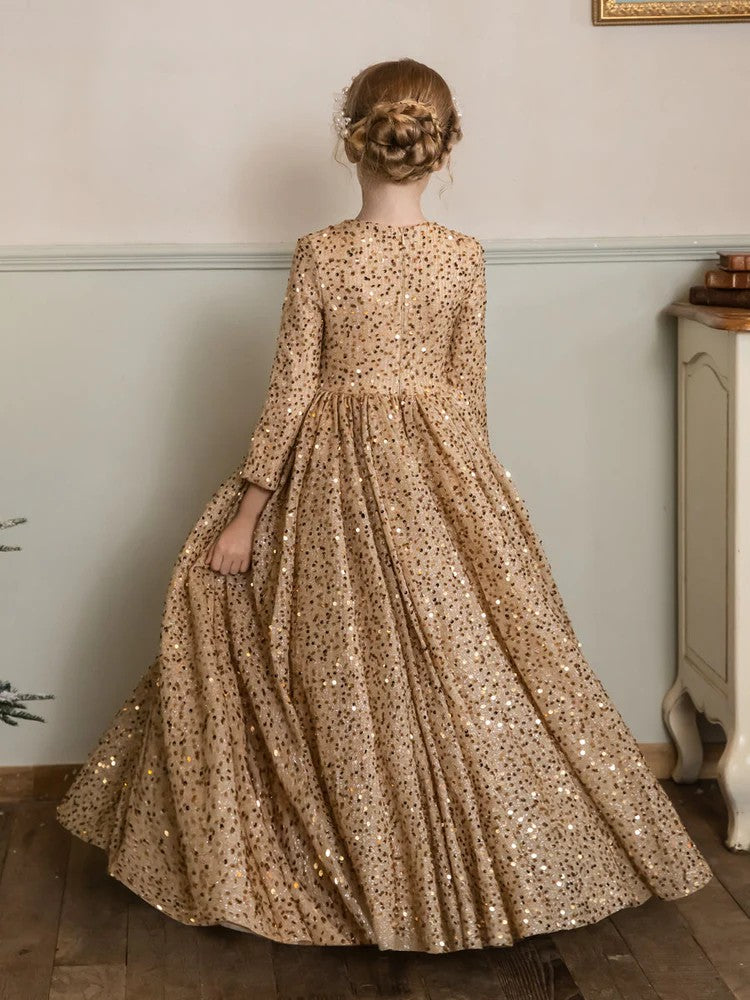 TinyTulle Champagne Sequin Velvet Long Sleeve Princess Flower Girl Dress