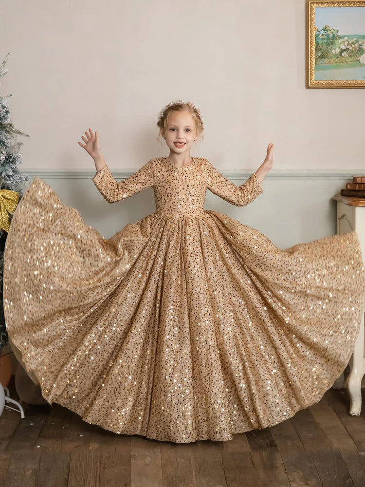 TinyTulle Champagne Sequin Velvet Long Sleeve Princess Flower Girl Dress