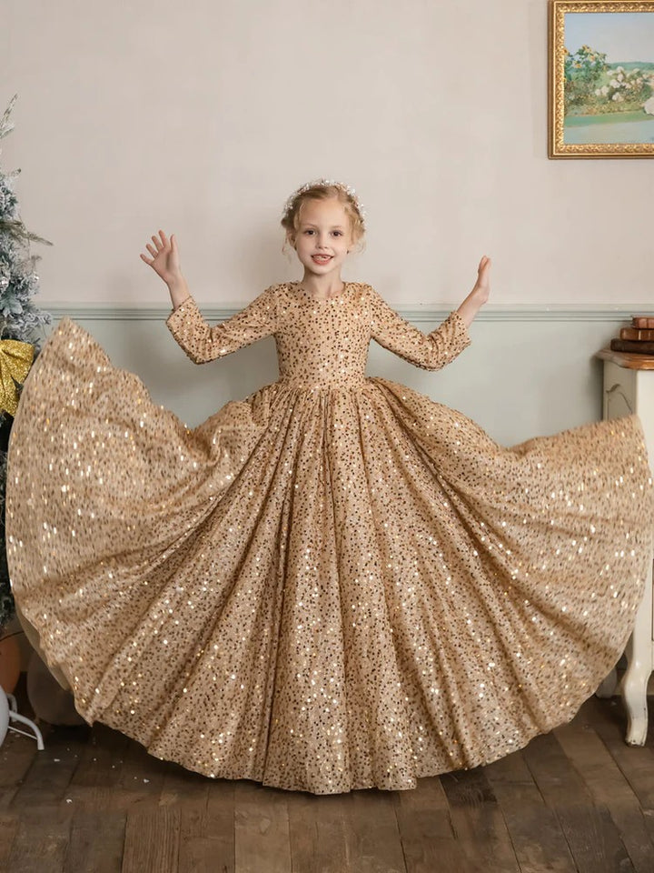 TinyTulle Champagne Sequin Velvet Long Sleeve Princess Flower Girl Dress