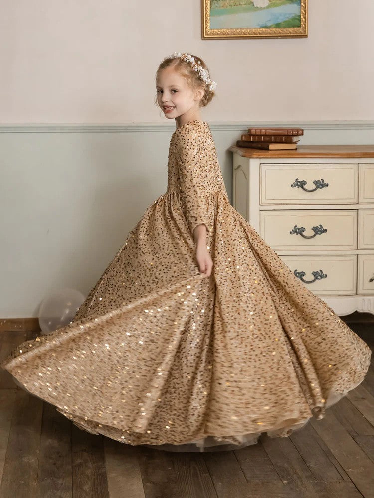 TinyTulle Champagne Sequin Velvet Long Sleeve Princess Flower Girl Dress