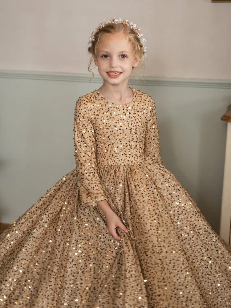 TinyTulle Champagne Sequin Velvet Long Sleeve Princess Flower Girl Dress