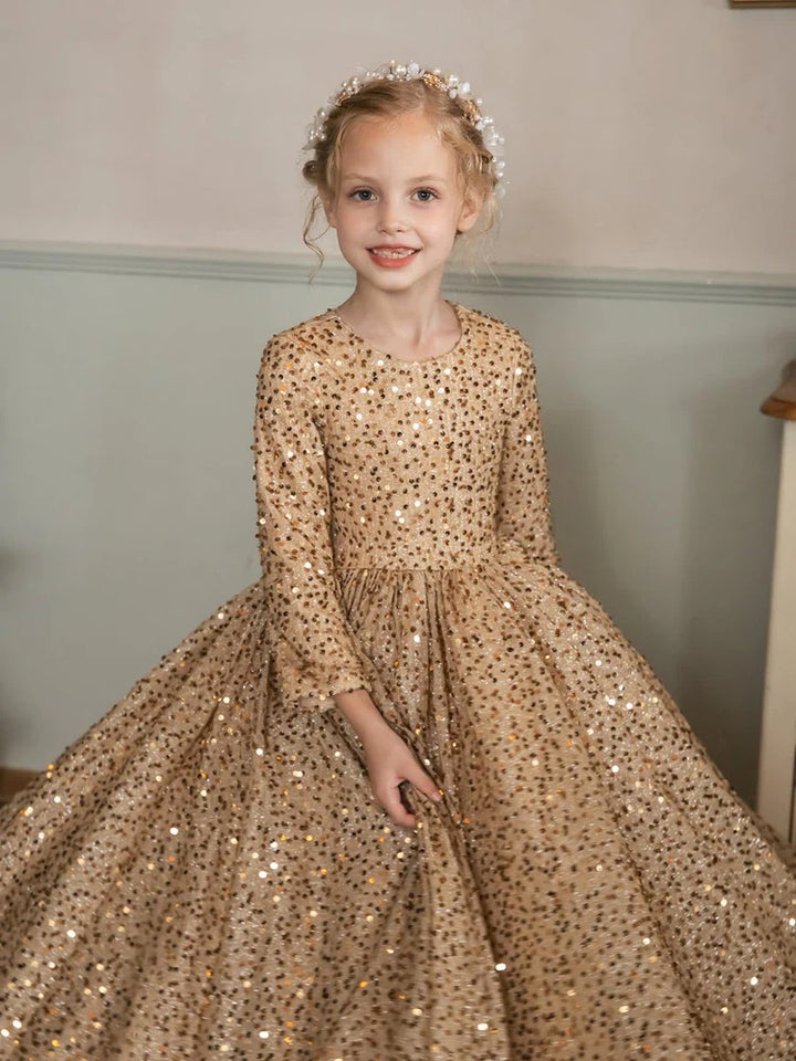 TinyTulle Champagne Sequin Velvet Long Sleeve Princess Flower Girl Dress