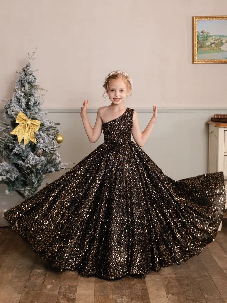 TinyTulle Black One-Shoulder Velvet Sequin Flower Girl Dress Birthday Pageant Gown