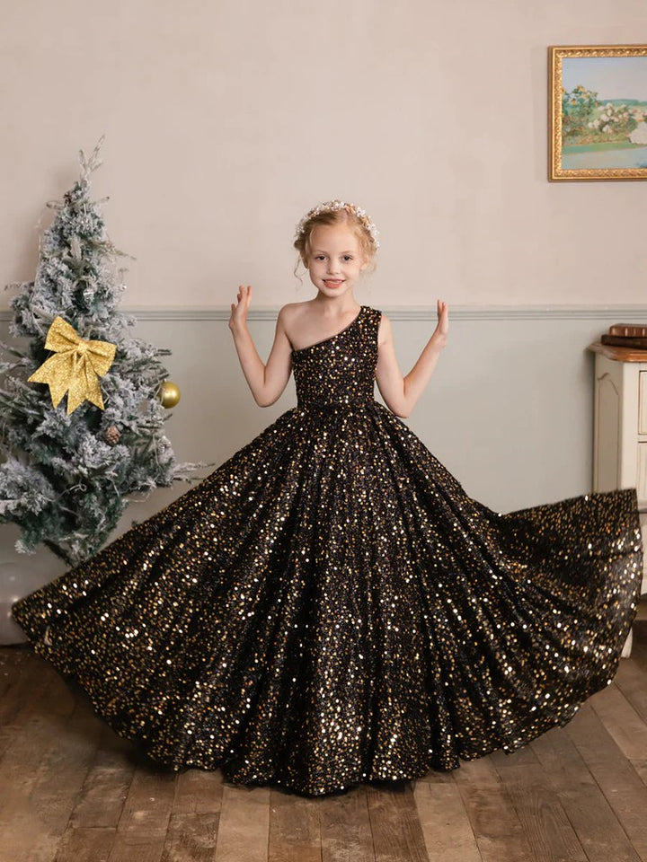 TinyTulle Black One-Shoulder Velvet Sequin Flower Girl Dress Birthday Pageant Gown