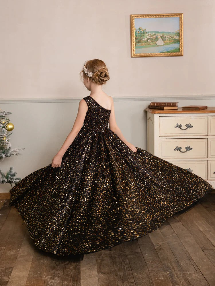 TinyTulle Black One-Shoulder Velvet Sequin Flower Girl Dress Birthday Pageant Gown