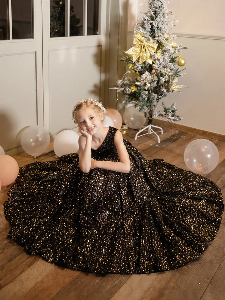 TinyTulle Black One-Shoulder Velvet Sequin Flower Girl Dress Birthday Pageant Gown