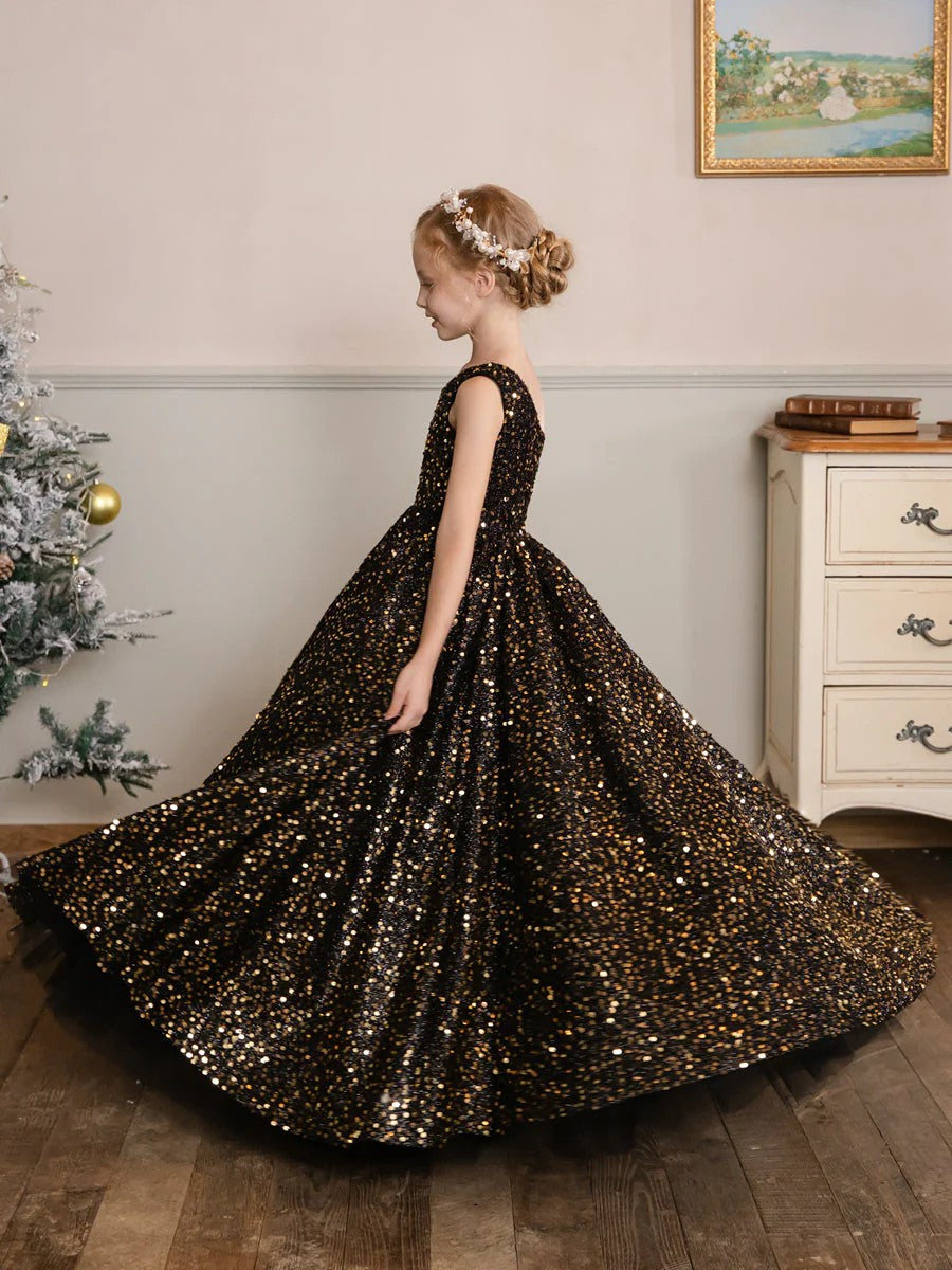 TinyTulle Black One-Shoulder Velvet Sequin Flower Girl Dress Birthday Pageant Gown