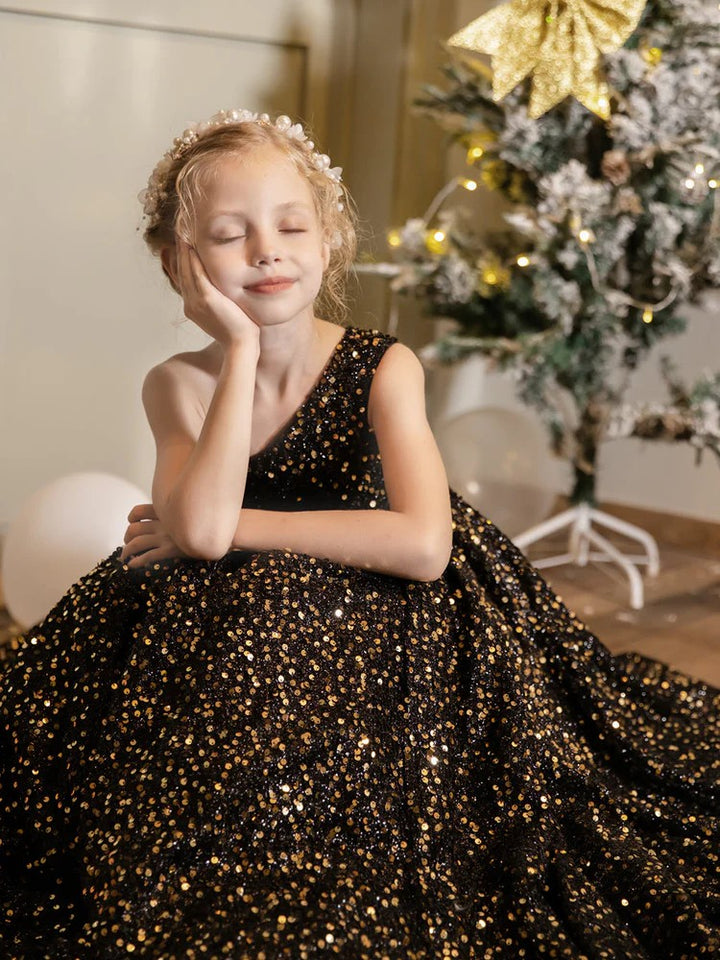 TinyTulle Black One-Shoulder Velvet Sequin Flower Girl Dress Birthday Pageant Gown