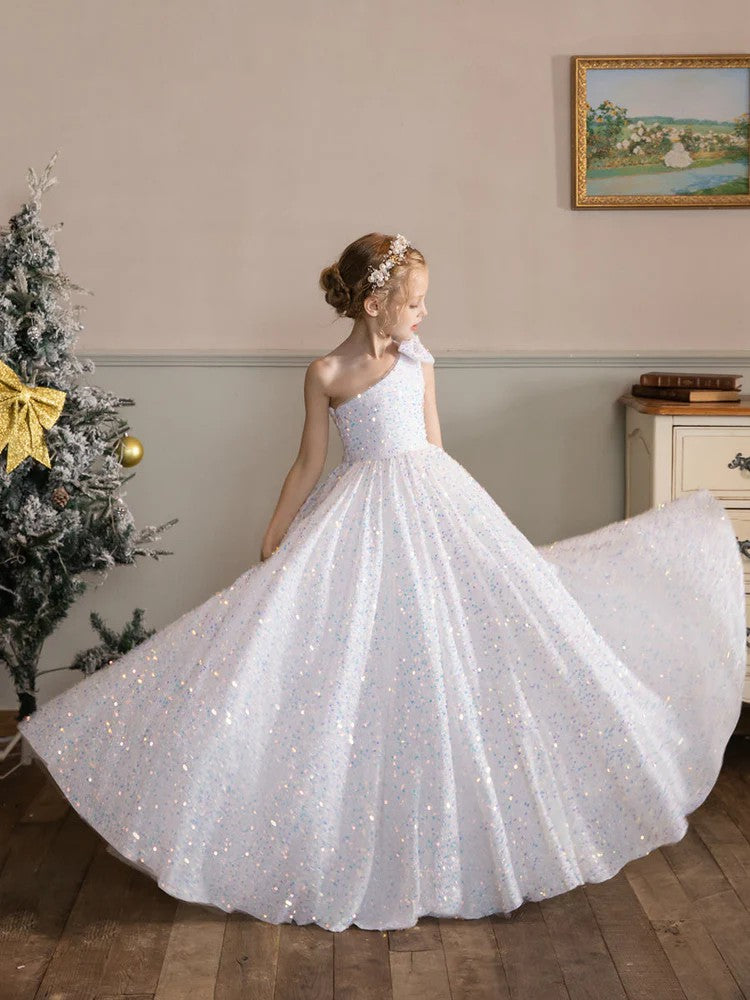 TinyTulle One-Shoulder Velvet Sequin Flower Girl Dress with Bow Detail