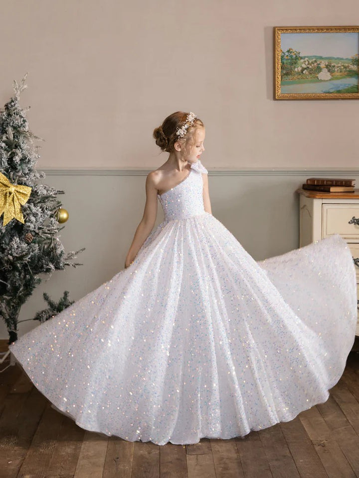 TinyTulle One-Shoulder Velvet Sequin Flower Girl Dress with Bow Detail