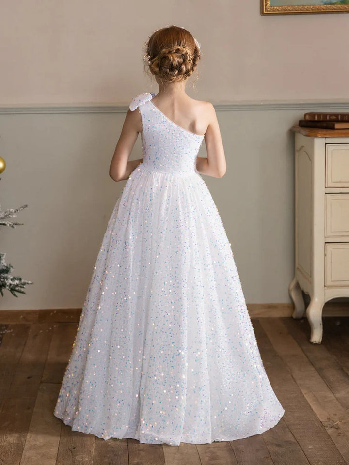 TinyTulle One-Shoulder Velvet Sequin Flower Girl Dress with Bow Detail