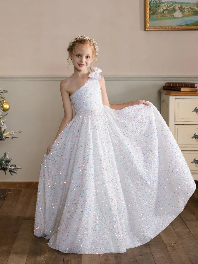 TinyTulle One-Shoulder Velvet Sequin Flower Girl Dress with Bow Detail