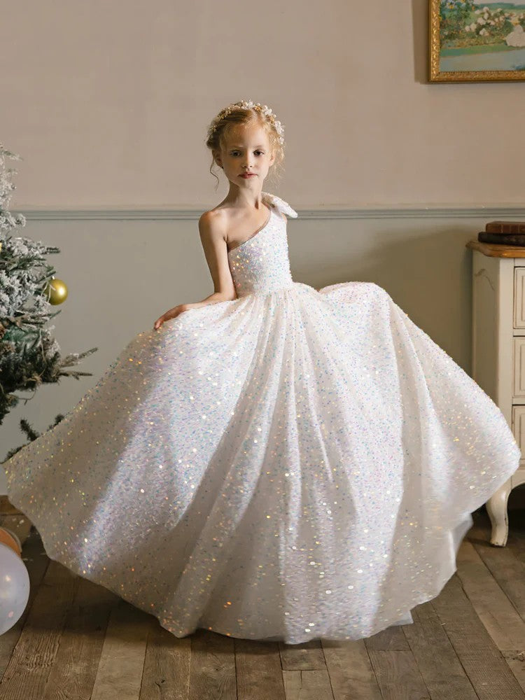 TinyTulle One-Shoulder Velvet Sequin Flower Girl Dress with Bow Detail