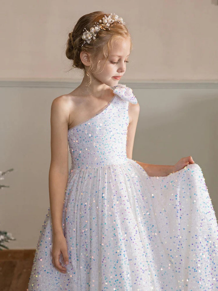 TinyTulle One-Shoulder Velvet Sequin Flower Girl Dress with Bow Detail