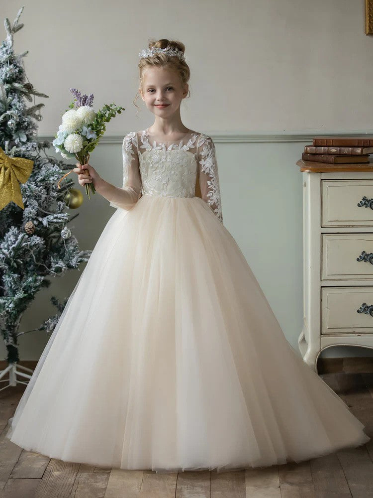 TinyTulle Elegant Lace Tulle Flower Girl Ball Gown Dress with Long Sleeves &amp; Bow Detail