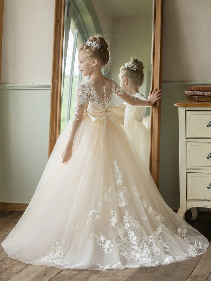 TinyTulle Elegant Lace Tulle Flower Girl Ball Gown Dress with Long Sleeves &amp; Bow Detail