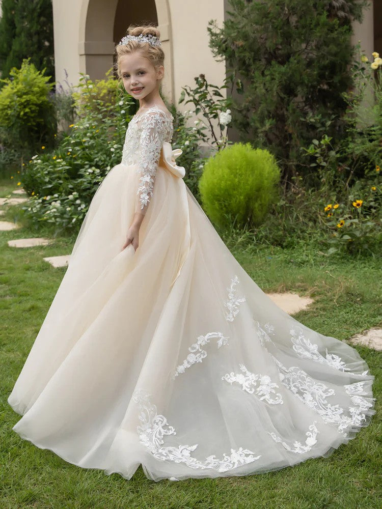 TinyTulle Elegant Lace Tulle Flower Girl Ball Gown Dress with Long Sleeves &amp; Bow Detail