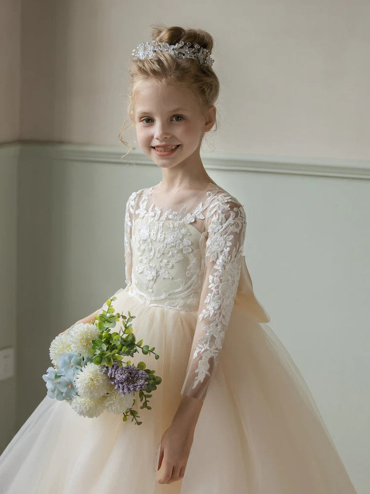 TinyTulle Elegant Lace Tulle Flower Girl Ball Gown Dress with Long Sleeves &amp; Bow Detail