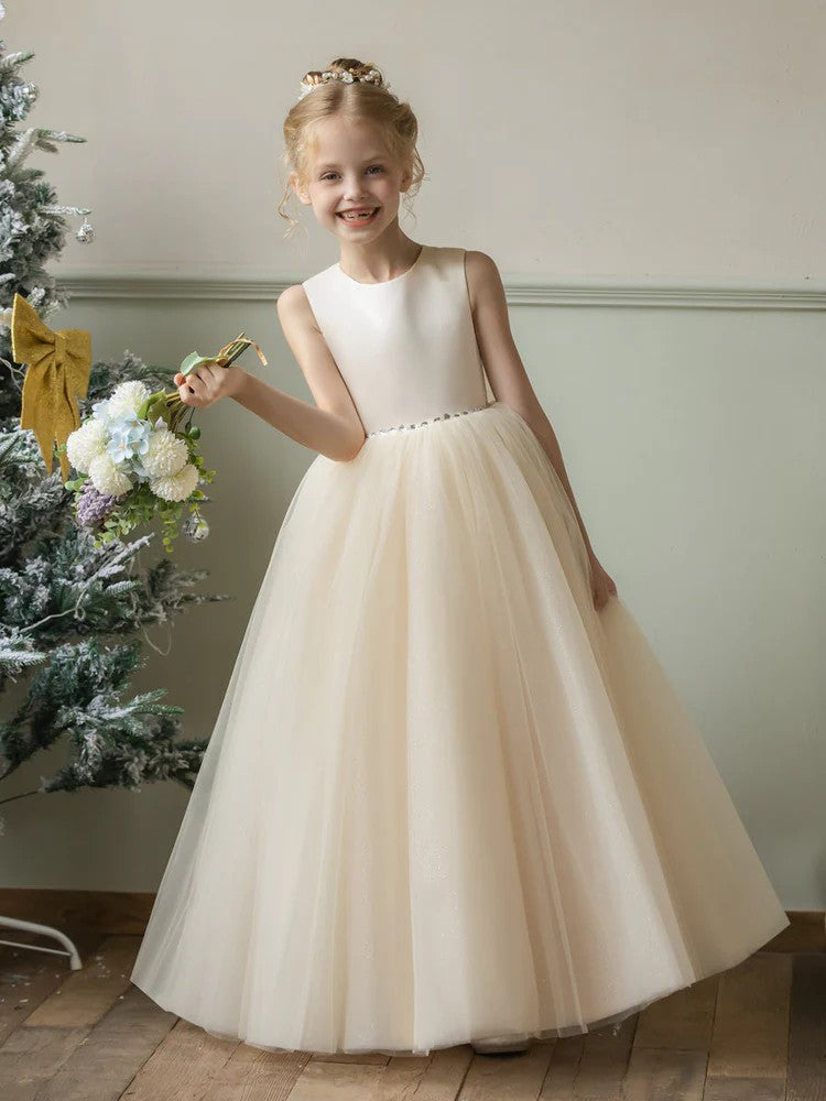 TinyTulle Champagne Satin Tulle A-Line Flower Girl Dress with Bow