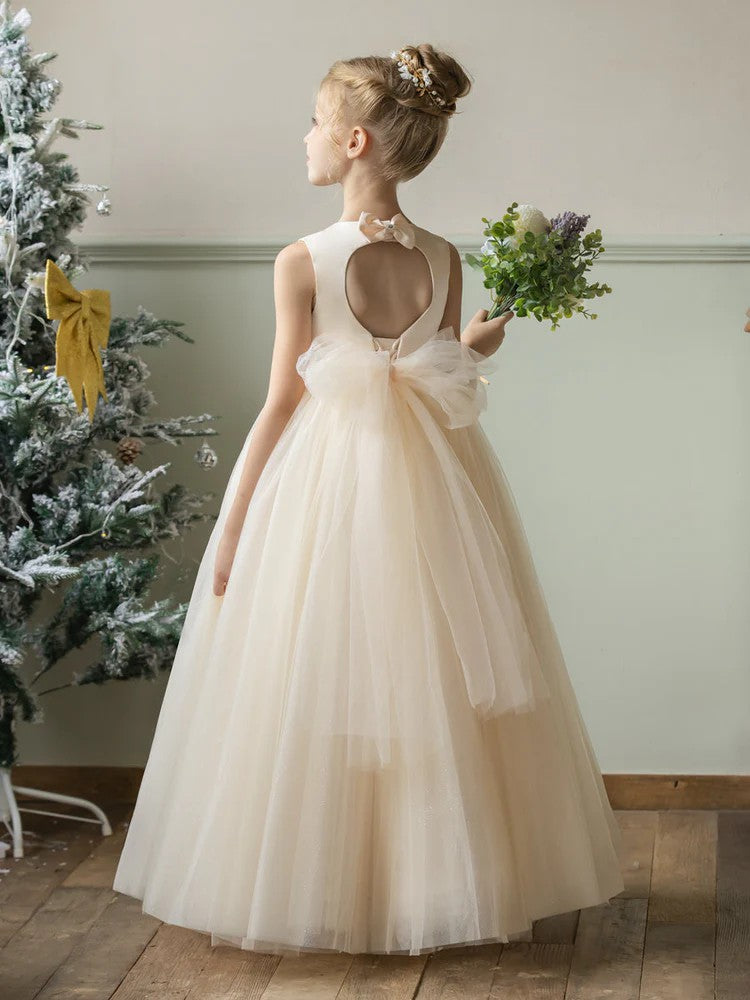 TinyTulle Champagne Satin Tulle A-Line Flower Girl Dress with Bow