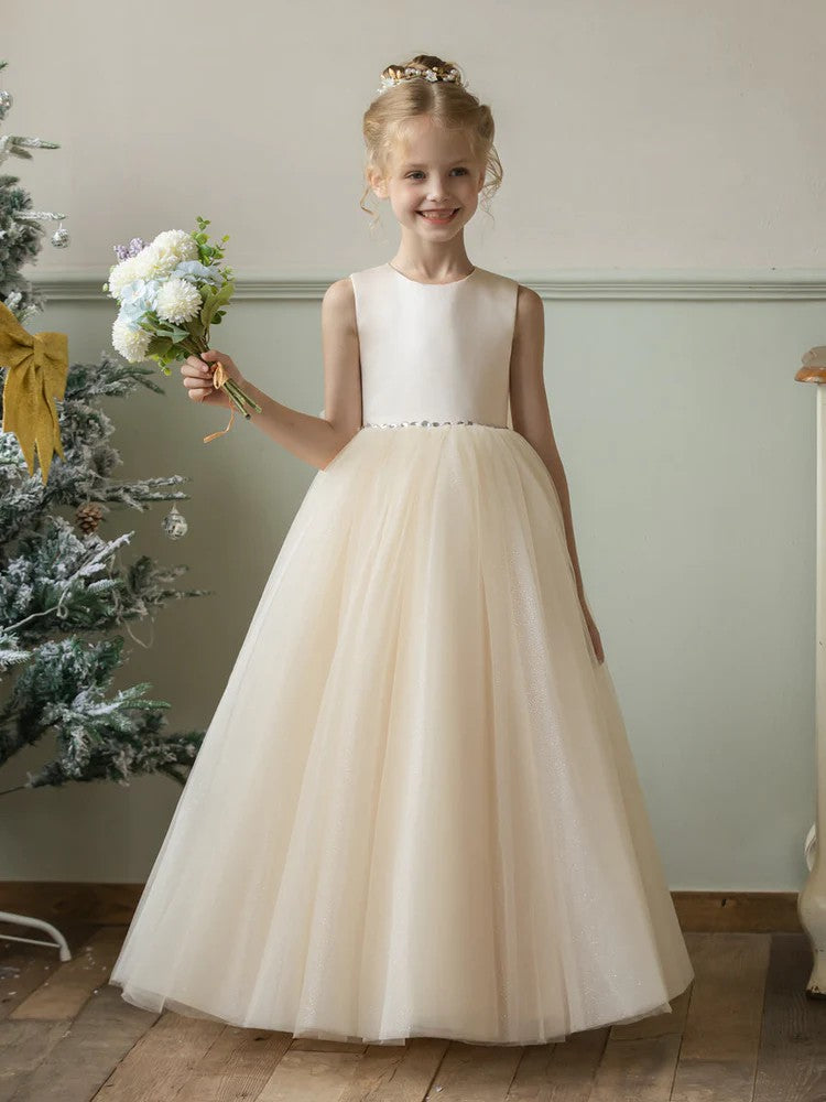 TinyTulle Champagne Satin Tulle A-Line Flower Girl Dress with Bow
