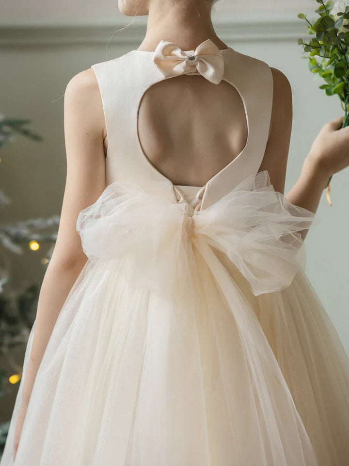 TinyTulle Champagne Satin Tulle A-Line Flower Girl Dress with Bow