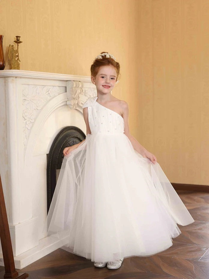 TinyTulle Princess One-Shoulder Satin Tulle Ankle-Length Flower Girl Dress with Bow Detail