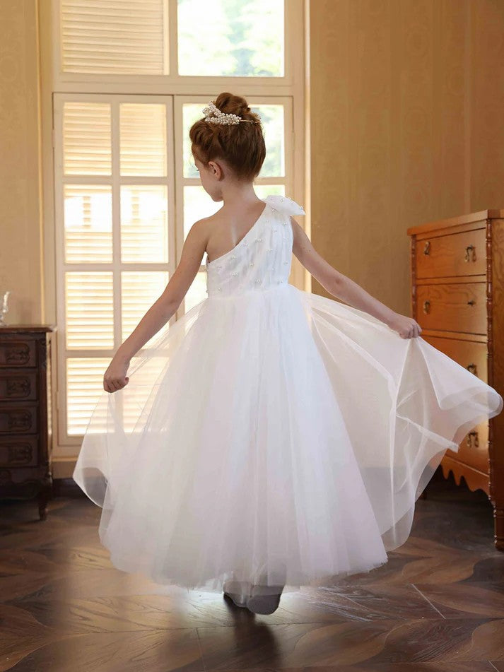 TinyTulle Princess One-Shoulder Satin Tulle Ankle-Length Flower Girl Dress with Bow Detail