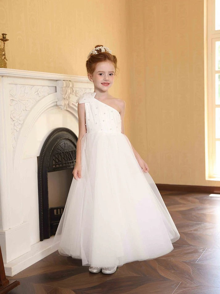 TinyTulle Princess One-Shoulder Satin Tulle Ankle-Length Flower Girl Dress with Bow Detail