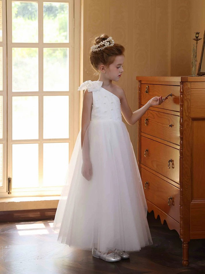 TinyTulle Princess One-Shoulder Satin Tulle Ankle-Length Flower Girl Dress with Bow Detail