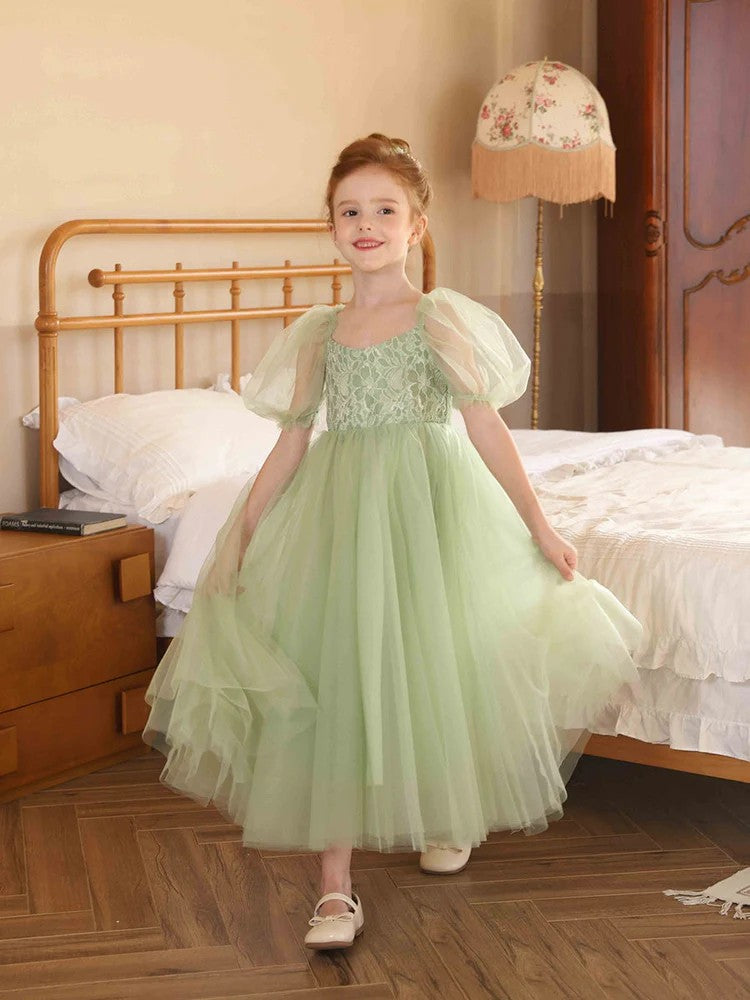 TinyTulle Sage Green Tulle Ankle-Length Flower Girl Dress with Puff Sleeve