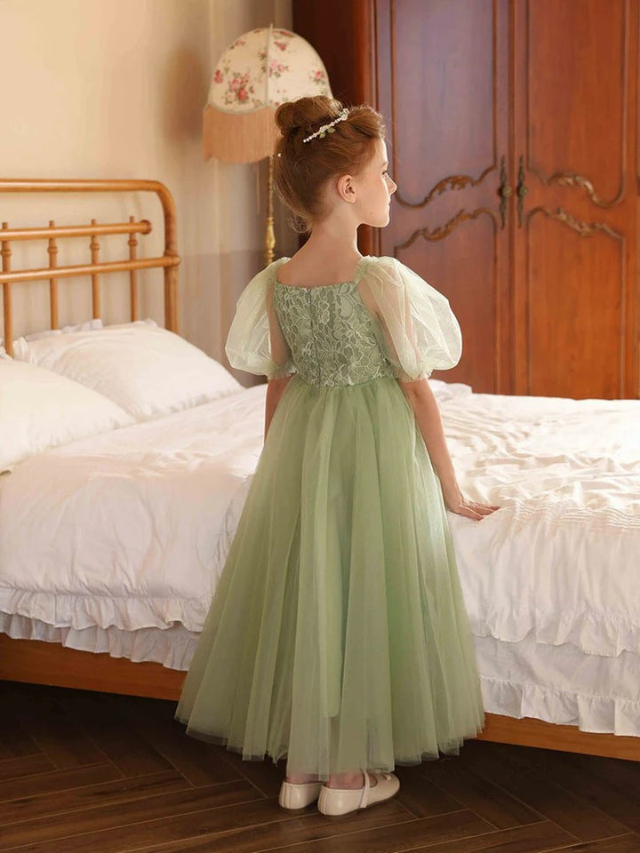 TinyTulle Sage Green Tulle Ankle-Length Flower Girl Dress with Puff Sleeve