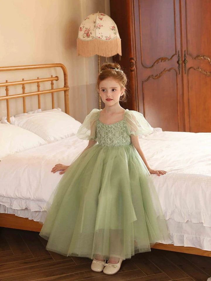 TinyTulle Sage Green Tulle Ankle-Length Flower Girl Dress with Puff Sleeve