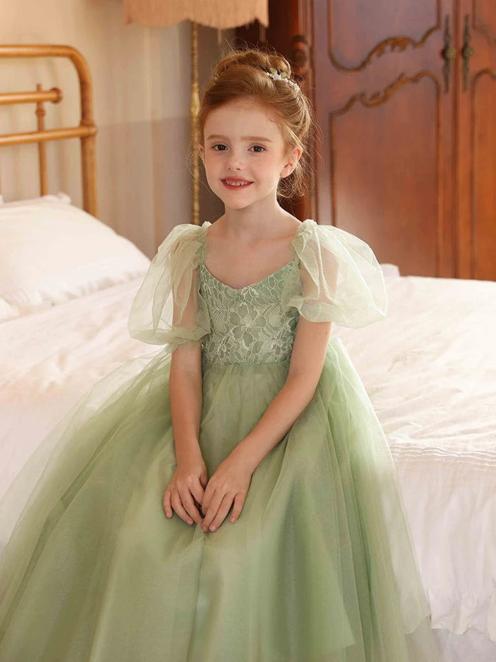 TinyTulle Sage Green Tulle Ankle-Length Flower Girl Dress with Puff Sleeve