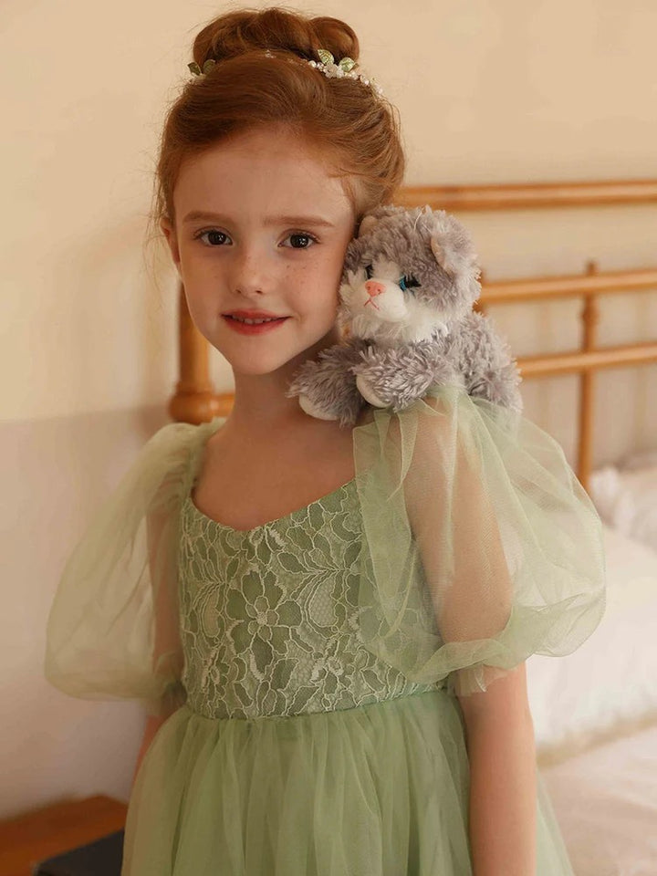 TinyTulle Sage Green Tulle Ankle-Length Flower Girl Dress with Puff Sleeve