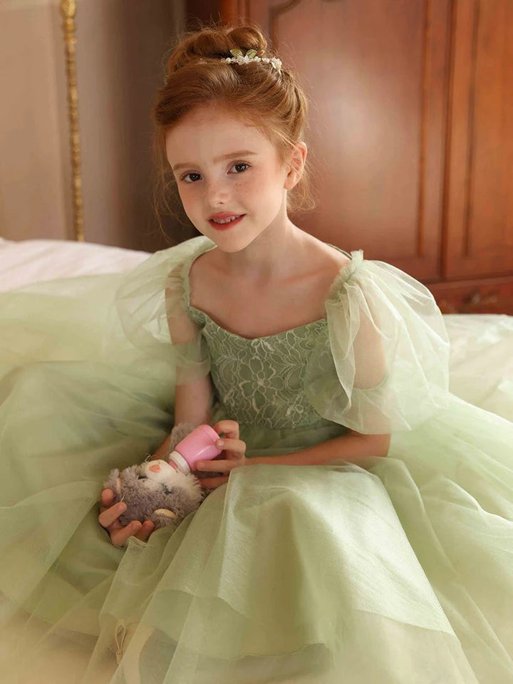 TinyTulle Sage Green Tulle Ankle-Length Flower Girl Dress with Puff Sleeve