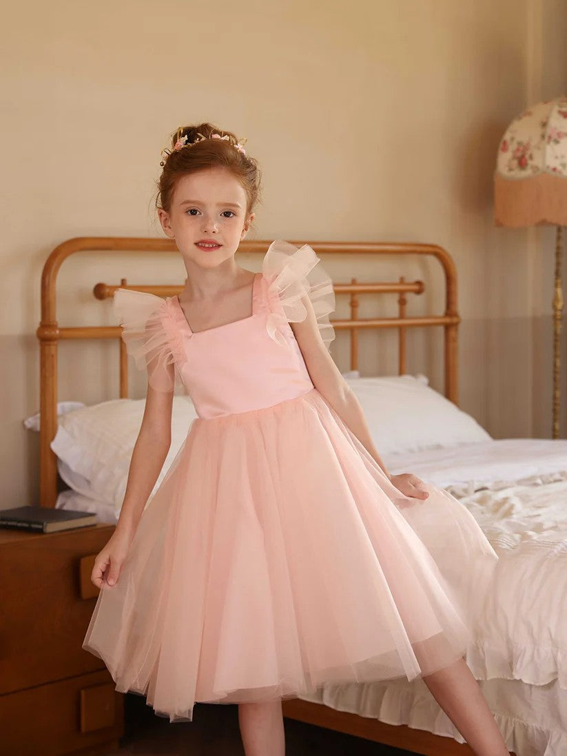 TinyTulle Pink Tulle Ruffle Cap Sleeve Flower Girl Dress Party Dress