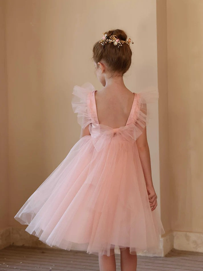 TinyTulle Pink Tulle Ruffle Cap Sleeve Flower Girl Dress Party Dress