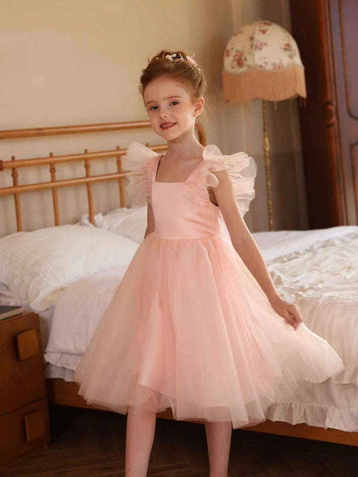 TinyTulle Pink Tulle Ruffle Cap Sleeve Flower Girl Dress Party Dress
