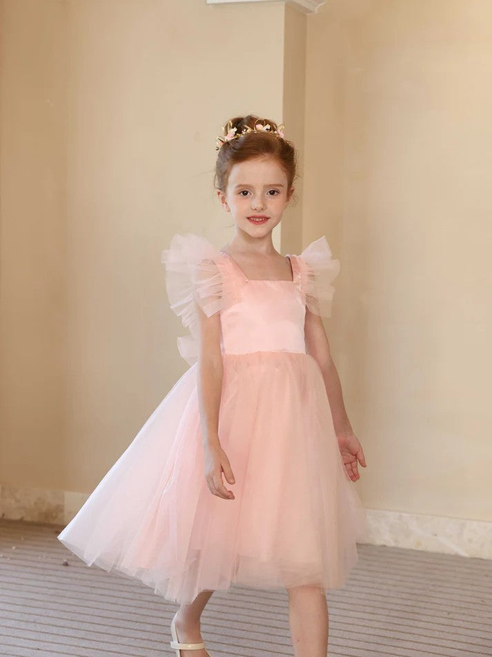 TinyTulle Pink Tulle Ruffle Cap Sleeve Flower Girl Dress Party Dress
