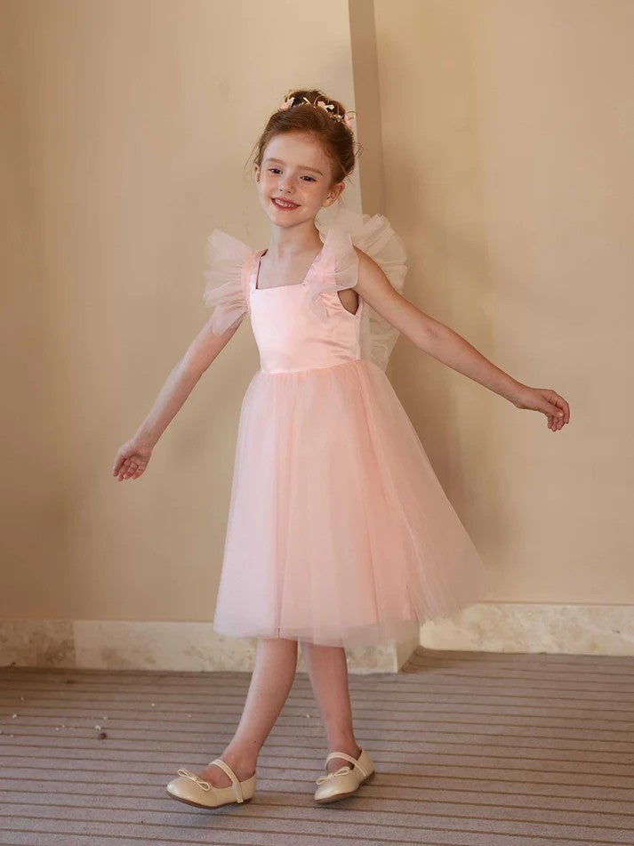 TinyTulle Pink Tulle Ruffle Cap Sleeve Flower Girl Dress Party Dress