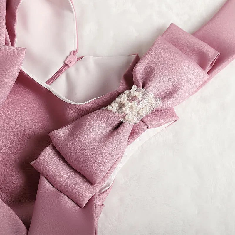 TinyTulle Elegant Pink Satin Flower Girl Dress with Pearl Details &amp; Shoulder Bow Accents