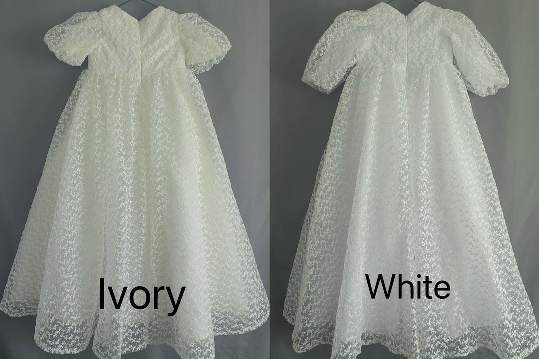TinyTulle Vintage White High Waist Lace Puff Sleeve Ball Gown Flower Girl Dress