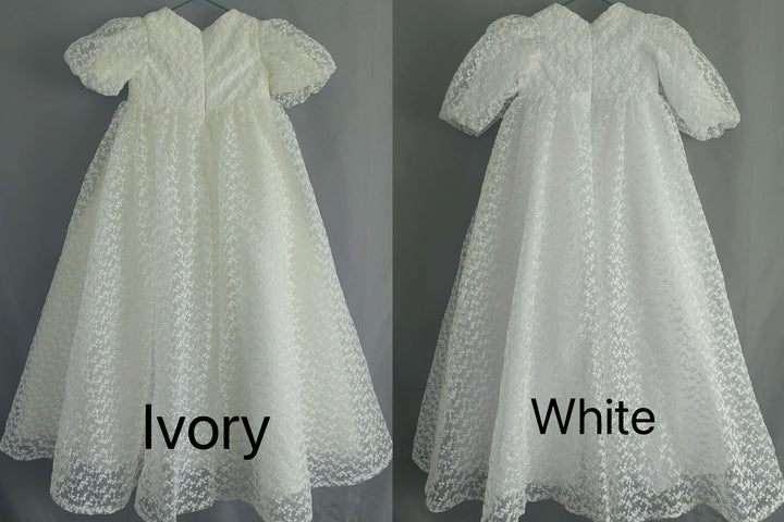 TinyTulle Vintage White High Waist Lace Puff Sleeve Ball Gown Flower Girl Dress