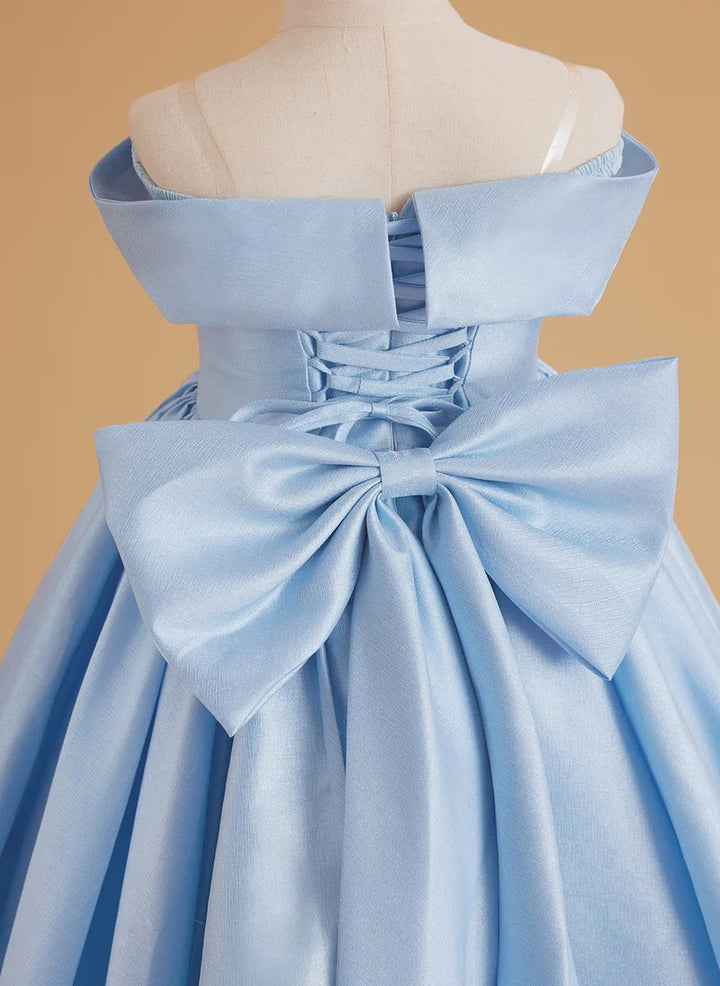 TinyTulle Elegant Light Blue Off-Shoulder Satin Ball Gown Flower Girl Dress