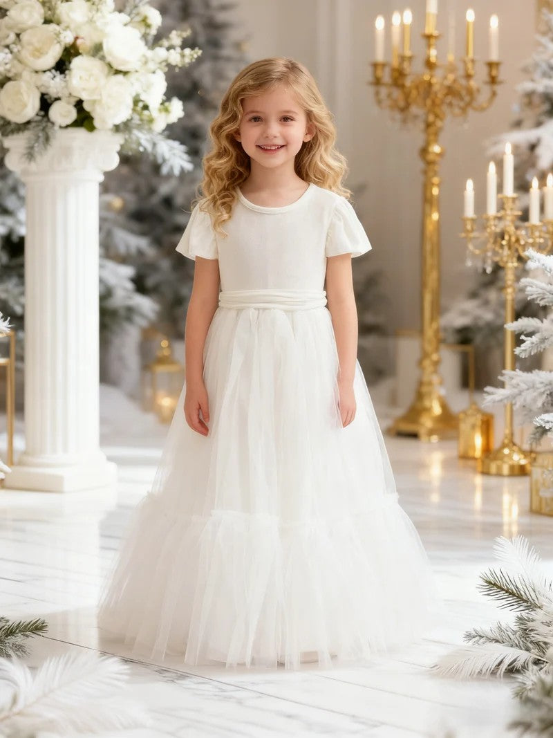 TinyTulle Velvet Tulle A-Line Flower Girl Dress with Flutter Sleeves for First Communion