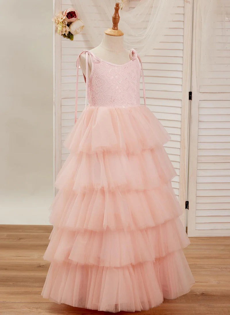 TinyTulle Pink Lace Sleeveless Layered Tulle Flower Girl Dress