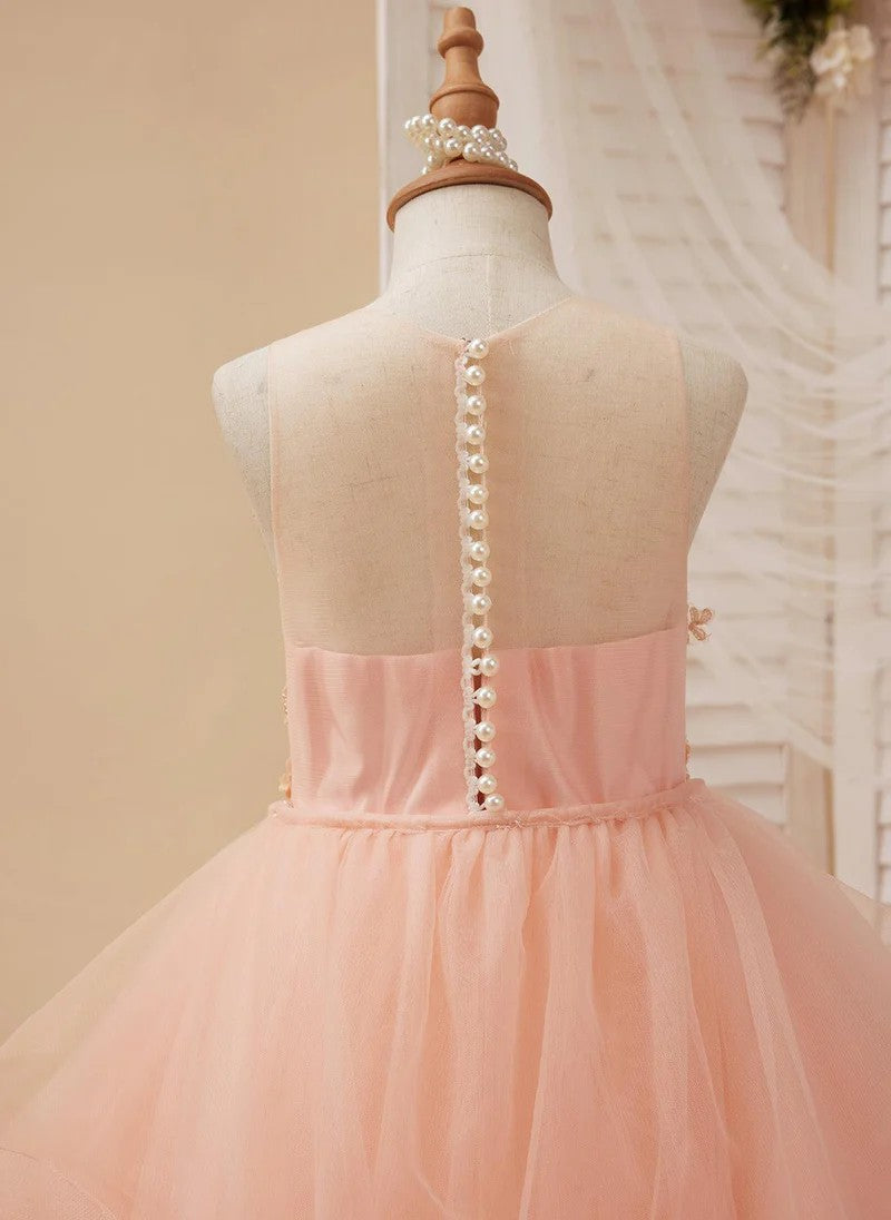 TinyTulle Elegant Blush Pink Layered Tulle Flower Girl Dress with Embroidered Appliqués