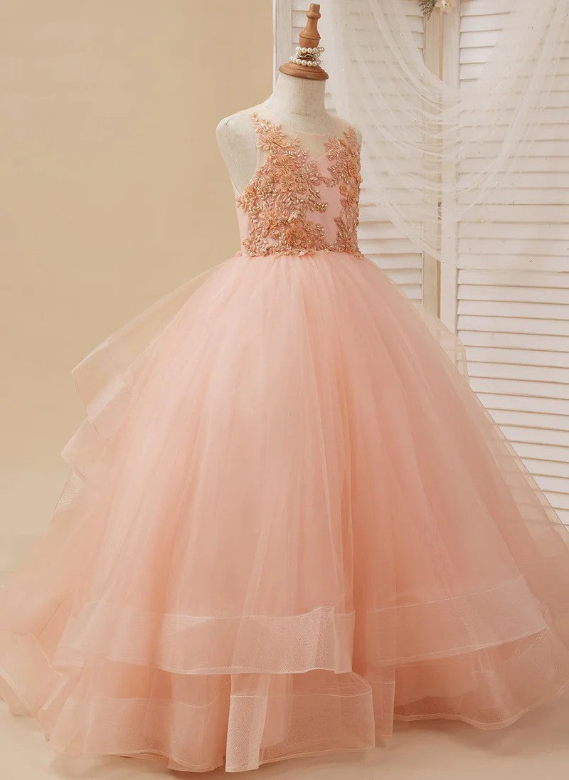 TinyTulle Elegant Blush Pink Layered Tulle Flower Girl Dress with Embroidered Appliqués