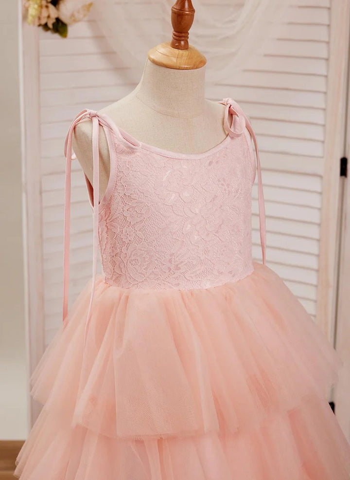 TinyTulle Pink Lace Sleeveless Layered Tulle Flower Girl Dress